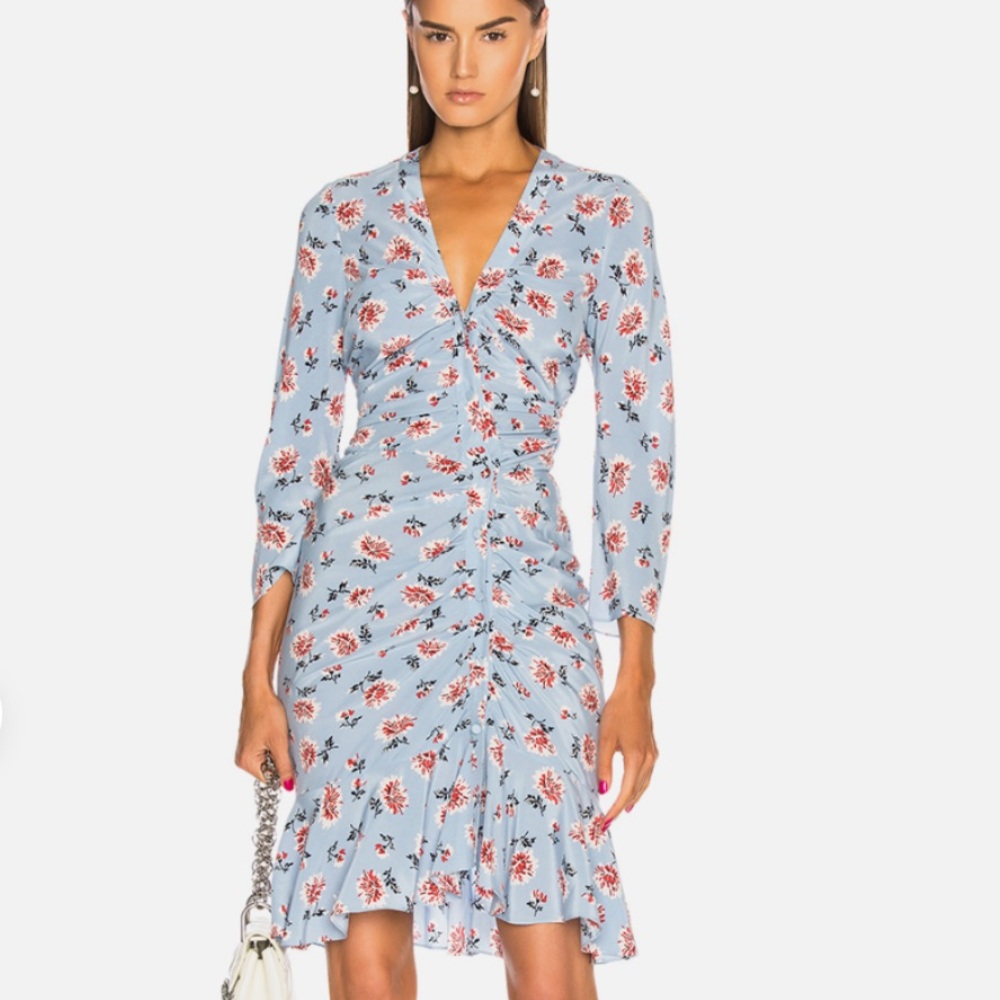 Veronica Beard Light Blue Floral Long Sleeve Ruched Dress